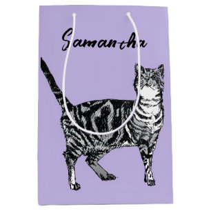 Black and White Tabby Cat Girls Name Purple  Medium Gift Bag