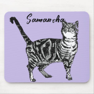 Black and White Tabby Cat Girls Name Purple  Mouse Pad