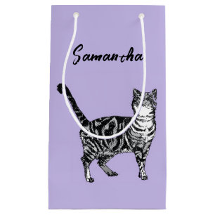 Black and White Tabby Cat Girls Name Purple  Small Gift Bag
