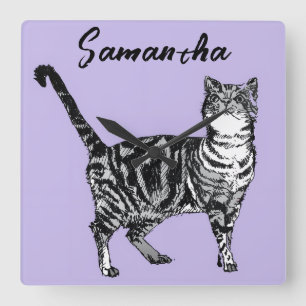 Black and White Tabby Cat Girls Name Purple  Square Wall Clock