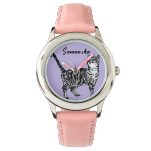 Black and White Tabby Cat Girls Name Purple Watch