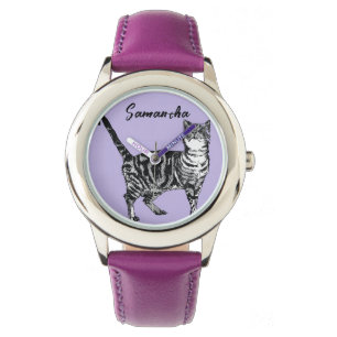 Black and White Tabby Cat Girls Name Purple  Watch
