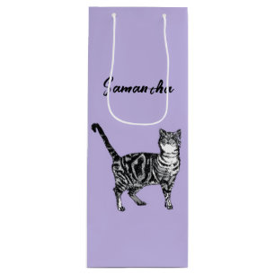 Black and White Tabby Cat Girls Name Purple Wine Gift Bag