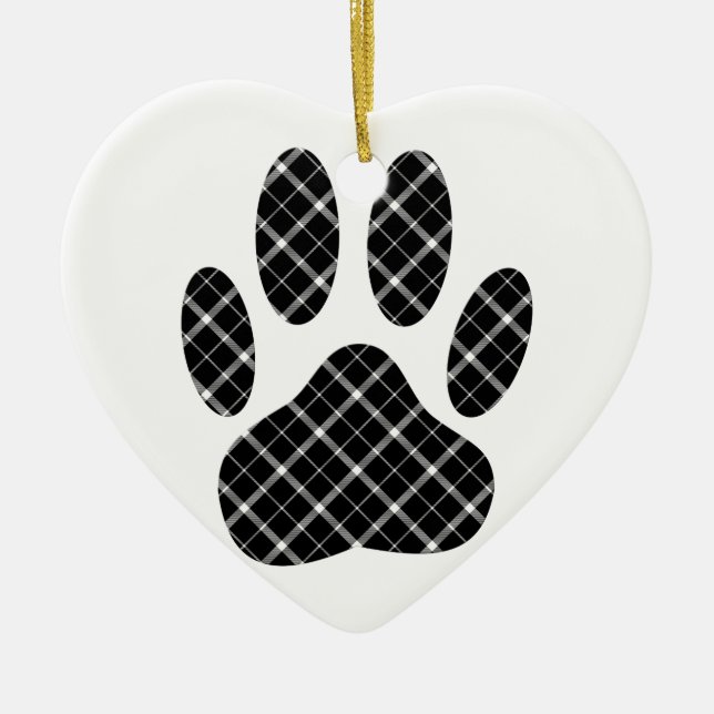 Black And White Tartan Dog Paw Print Ceramic Tree Decoration (Front)