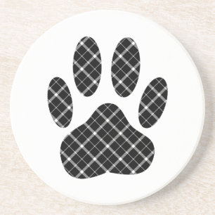 Black And White Tartan Dog Paw Print Coaster