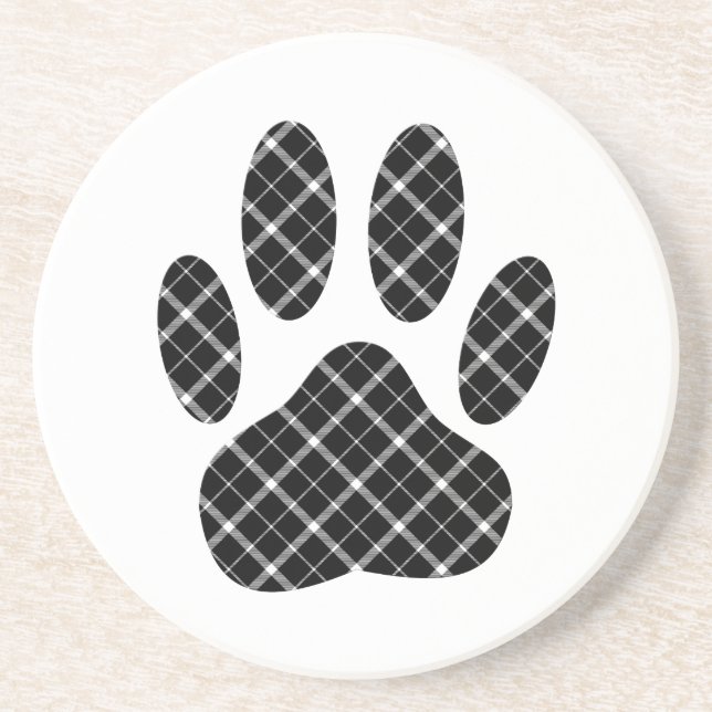 Black And White Tartan Dog Paw Print Coaster (Front)
