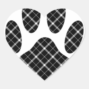 Black And White Tartan Dog Paw Print Heart Sticker