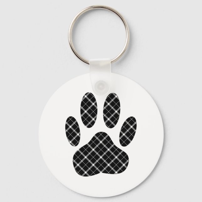Black And White Tartan Dog Paw Print Key Ring (Front)