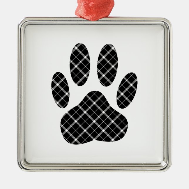 Black And White Tartan Dog Paw Print Metal Tree Decoration (Front)