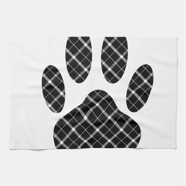 Black And White Tartan Dog Paw Print Tea Towel (Horizontal)