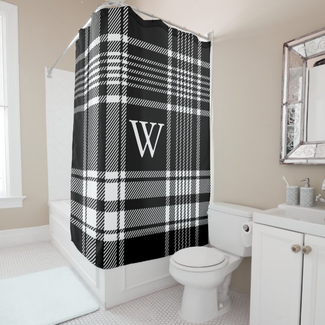 Black and White Tartan Plaid Shower Curtain (In Situ)