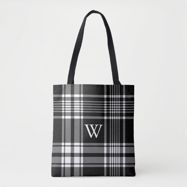 Black and White Tartan Plaid Tote Bag (Front)