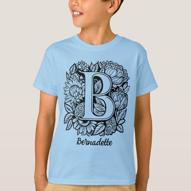 Black and White Tattoo Flowers Monogram Letter B T-Shirt (Front)