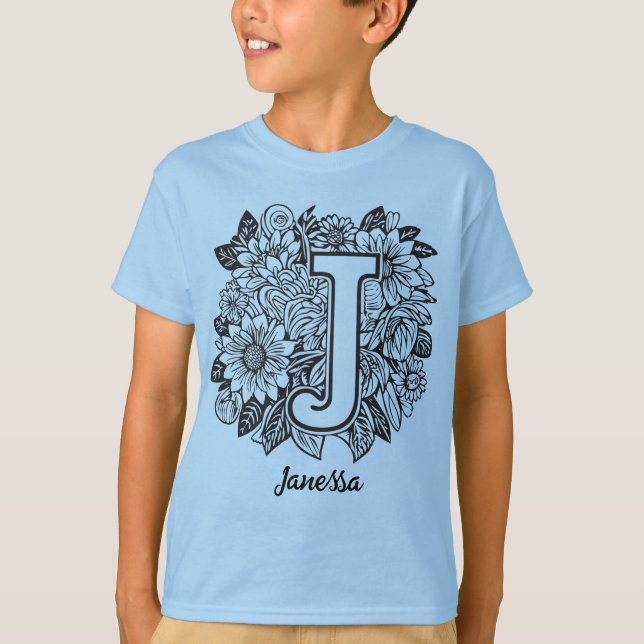 Black and White Tattoo Flowers Monogram Letter J T-Shirt (Front)