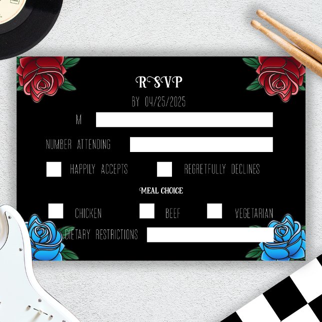 Black and White Tattoo Rock Wedding RSVP Card (Black and White Tattoo Rock Wedding RSVP Card)