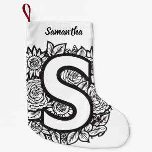 Black and White Tattoo-Style Ink Flowers Monogram Small Christmas Stocking