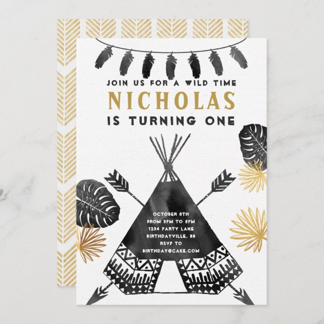 Black and White Teepee Birthday Invitation (Front/Back)