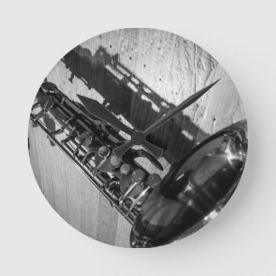 Black and White Tenor Saxophone Round Clock