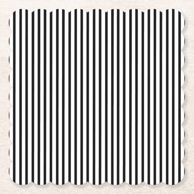Black and White Thin Pinstripe Paper Coaster (Front)