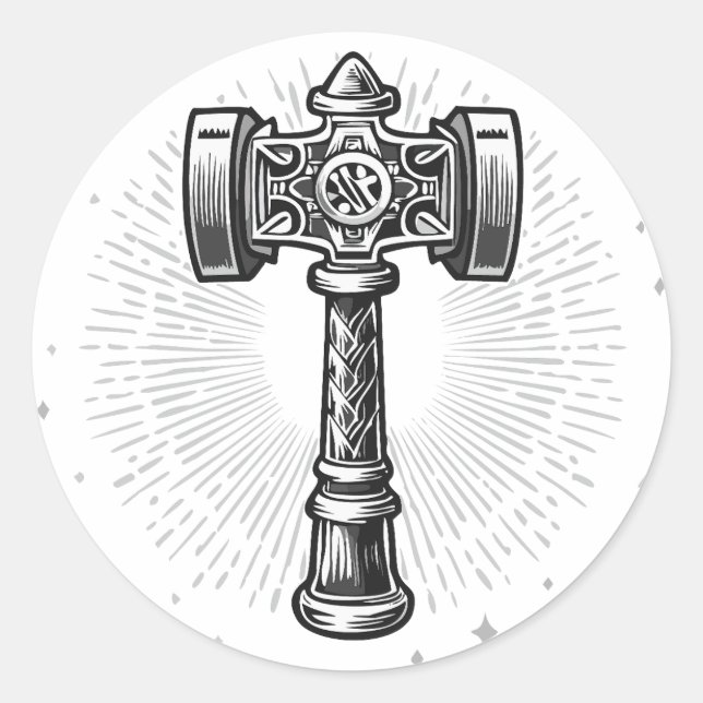 Black and white Thor's Hammer Mjolnir Classic Round Sticker (Front)