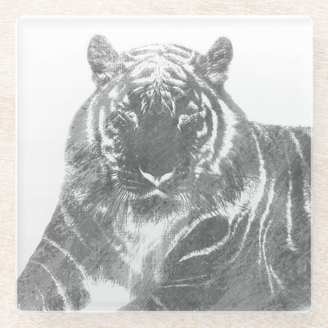 Black and White Tiger Glass Coaster (Front)