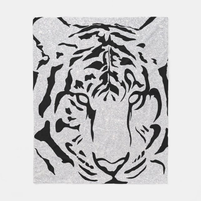 Black and White Tiger Silhouette Fleece Blanket (Front)