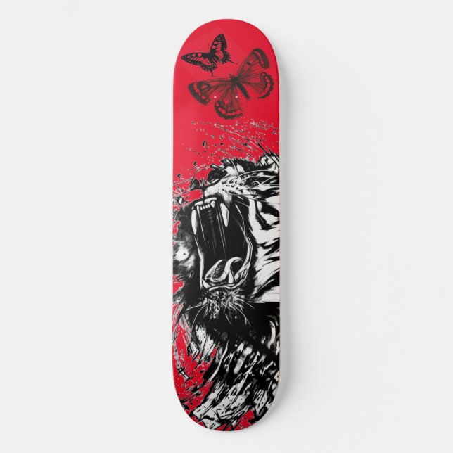 BLACK AND WHITE TIGER SKATEBOARD IN RED (Front)