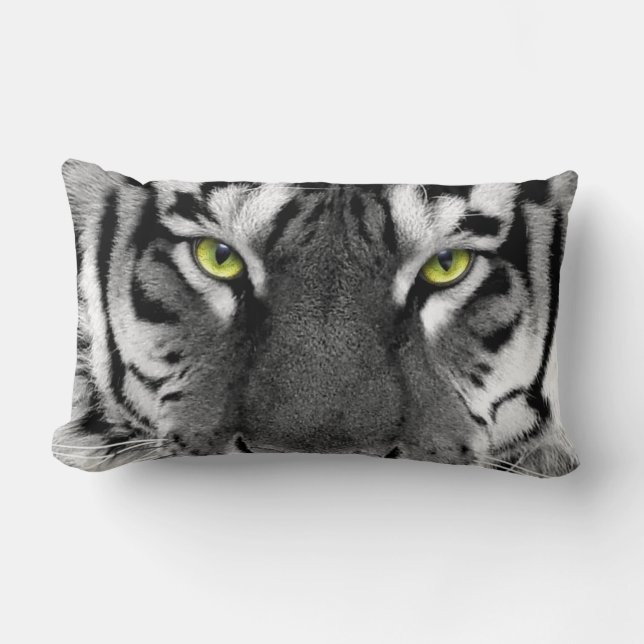 BLACK AND WHITE TIGER WITH GREEN EYES PILLOW (Front)