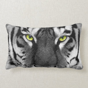 BLACK AND WHITE TIGER WITH GREEN EYES PILLOW