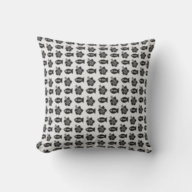 Black and White Tiki Fish and Flower Pattern Cushion (Front)