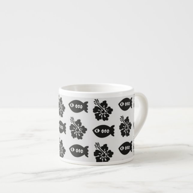 Black and White Tiki Fish and Flower Pattern Espresso Cup (Front Right)