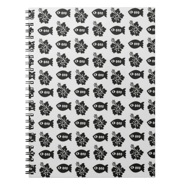 Black and White Tiki Fish and Flower Pattern Notebook (Front)