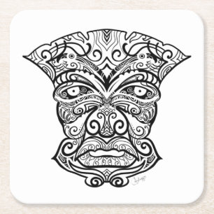 Black and White Tiki Mask Square Paper Coaster