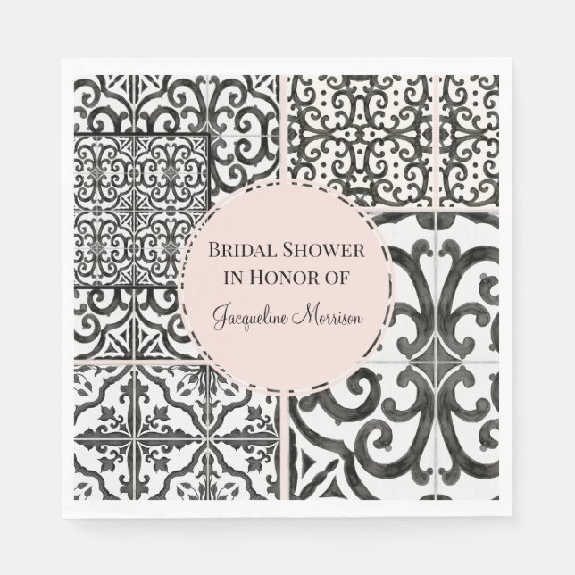 Black and White Tile Pattern Southwest Blush Pink Napkin (Front)