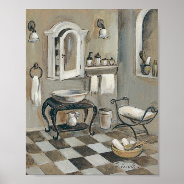 Black and White Tiled French Bathroom Poster (Front)