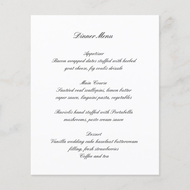 Black and White Timeless Budget Wedding Menu (Front)