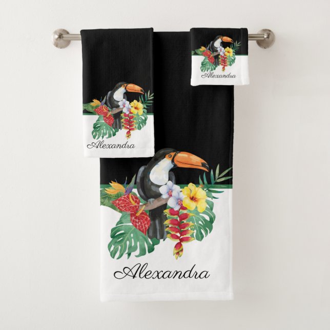 Black and White toucan tropical Monogram  Name   B Bath Towel Set (Insitu)