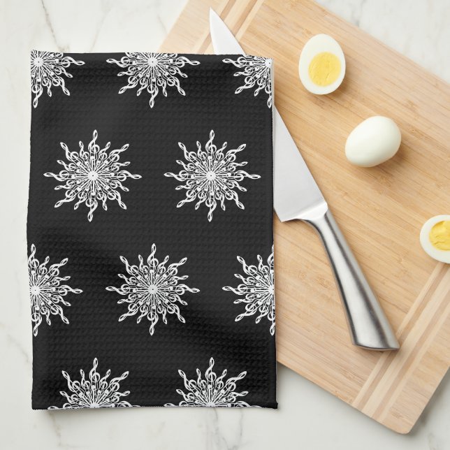 Black and White Trable Clef Snowflake Pattern Tea Towel (Quarter Fold)