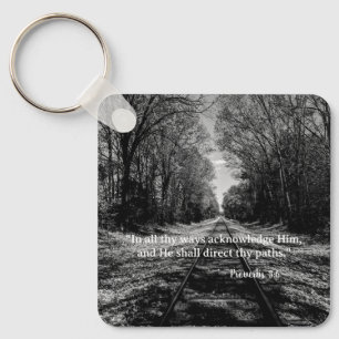 Black and White Train Track Proverbs Scripture Key Ring