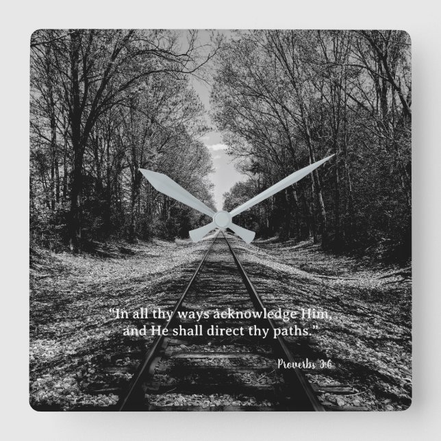 Black and White Train Track Proverbs Scripture Square Wall Clock (Front)