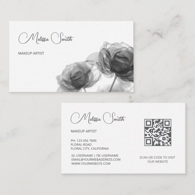 Black And White Transparent Flowers Business Card (Front/Back)