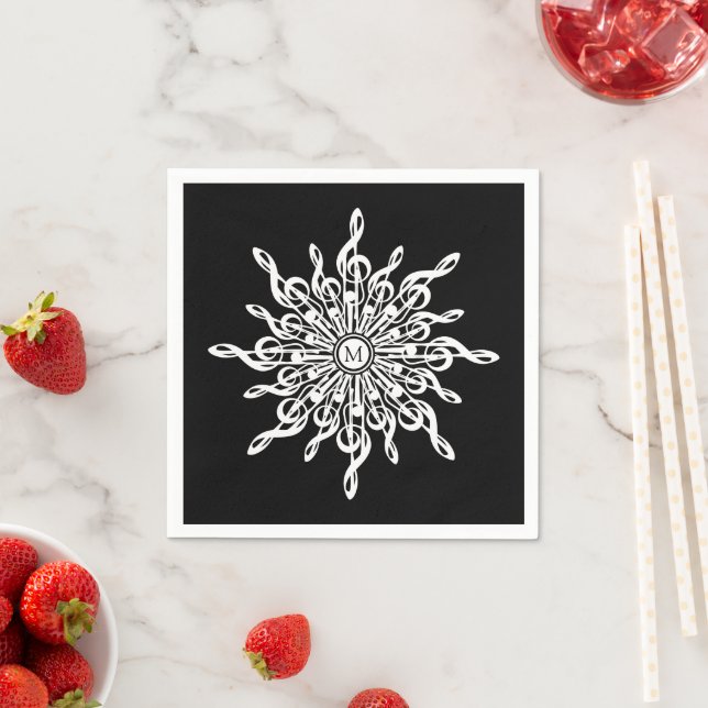 Black and White Treble Clef Snowflake Monogram Napkin (Insitu)