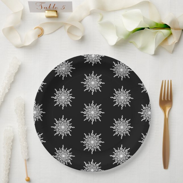 Black and White Treble Clef Snowflake Pattern Paper Plate (Wedding)