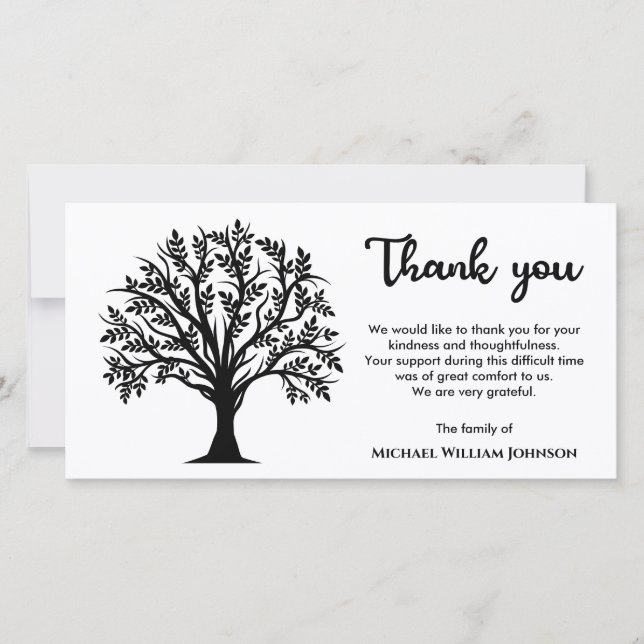 Black And White Tree Of Life Memorial Funeral Thank You Card (Front)