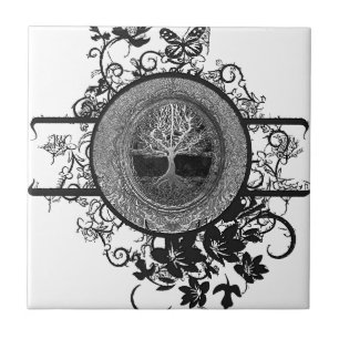 Black and White Tree of Life with Flowers Ceramic Tile