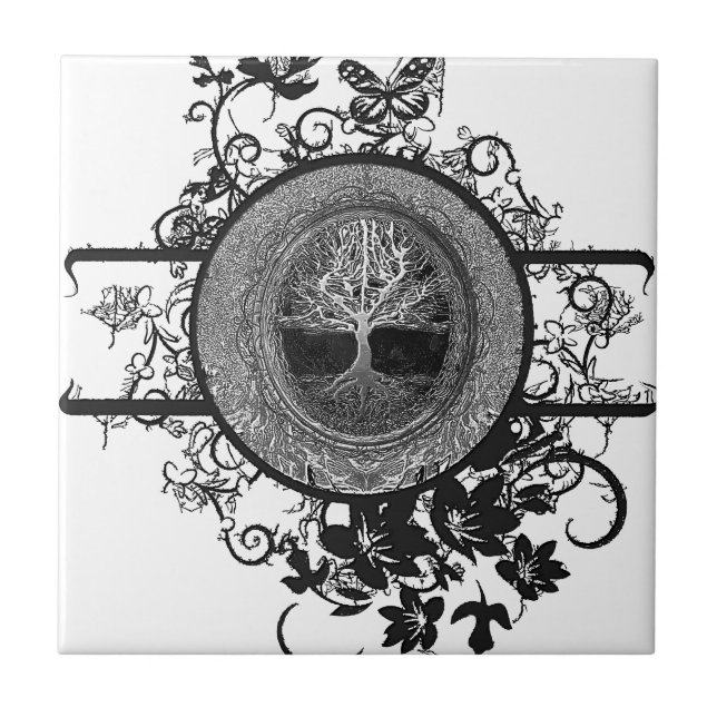 Black and White Tree of Life with Flowers Ceramic Tile (Front)