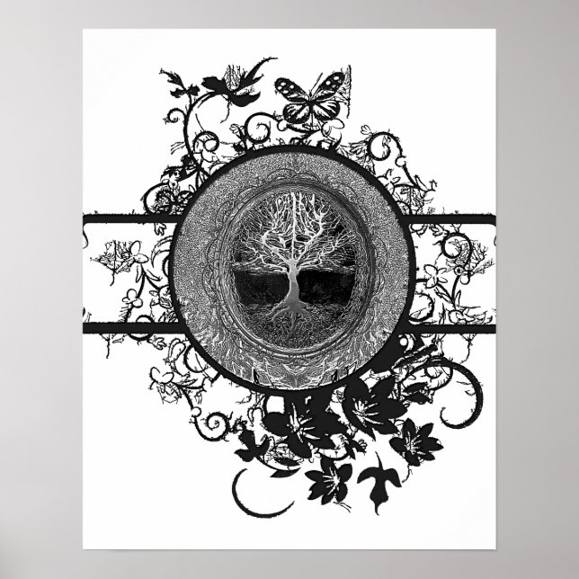Black and White Tree of Life with Flowers Poster (Front)