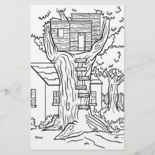 Black and white treehouse colouring page stationery