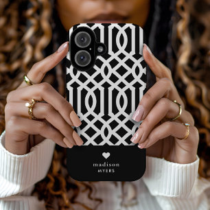 Black and White Trellis Heart Monogram iPhone 16 Case