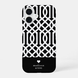 Black and White Trellis Heart Monogram iPhone 16 Case